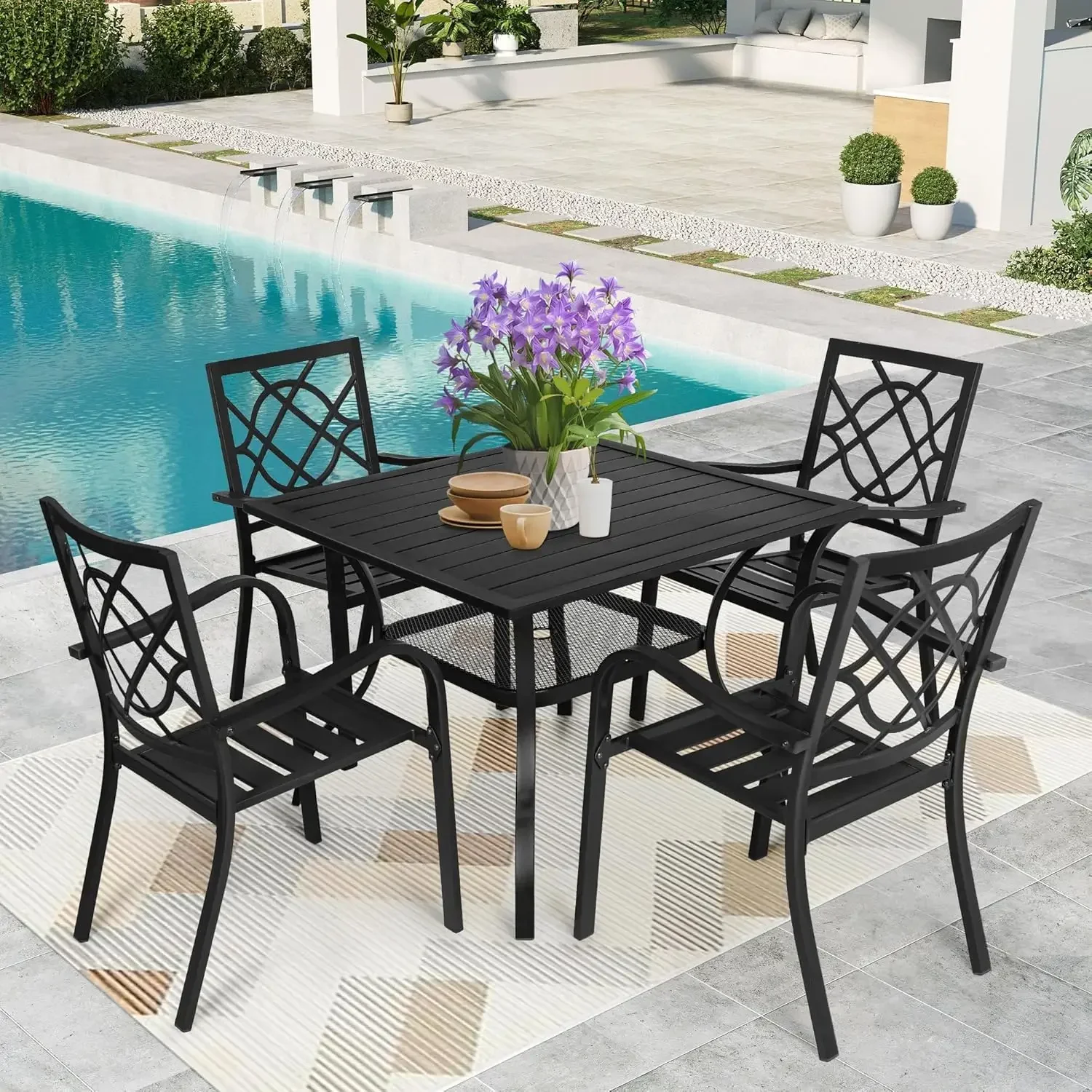 

Chairs and Table Patio Dining Furniture Set - 4 Stackable Metal Chairs, 1 Steel Slat Bistro Table for Garden Backyard Deck