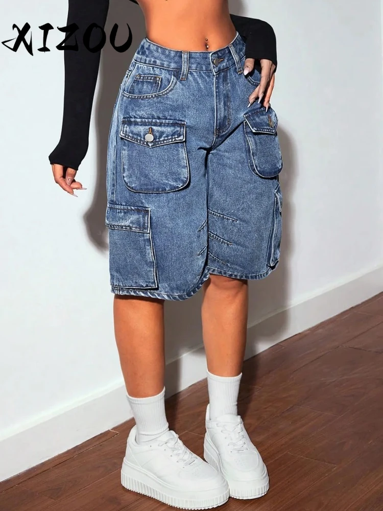 

XIZOU Women Safari Style Zipper Fly Multi Pocke Blue Denim Pants 2025 Summer INS Fashion Cargo Knee Length Jeans Trousers