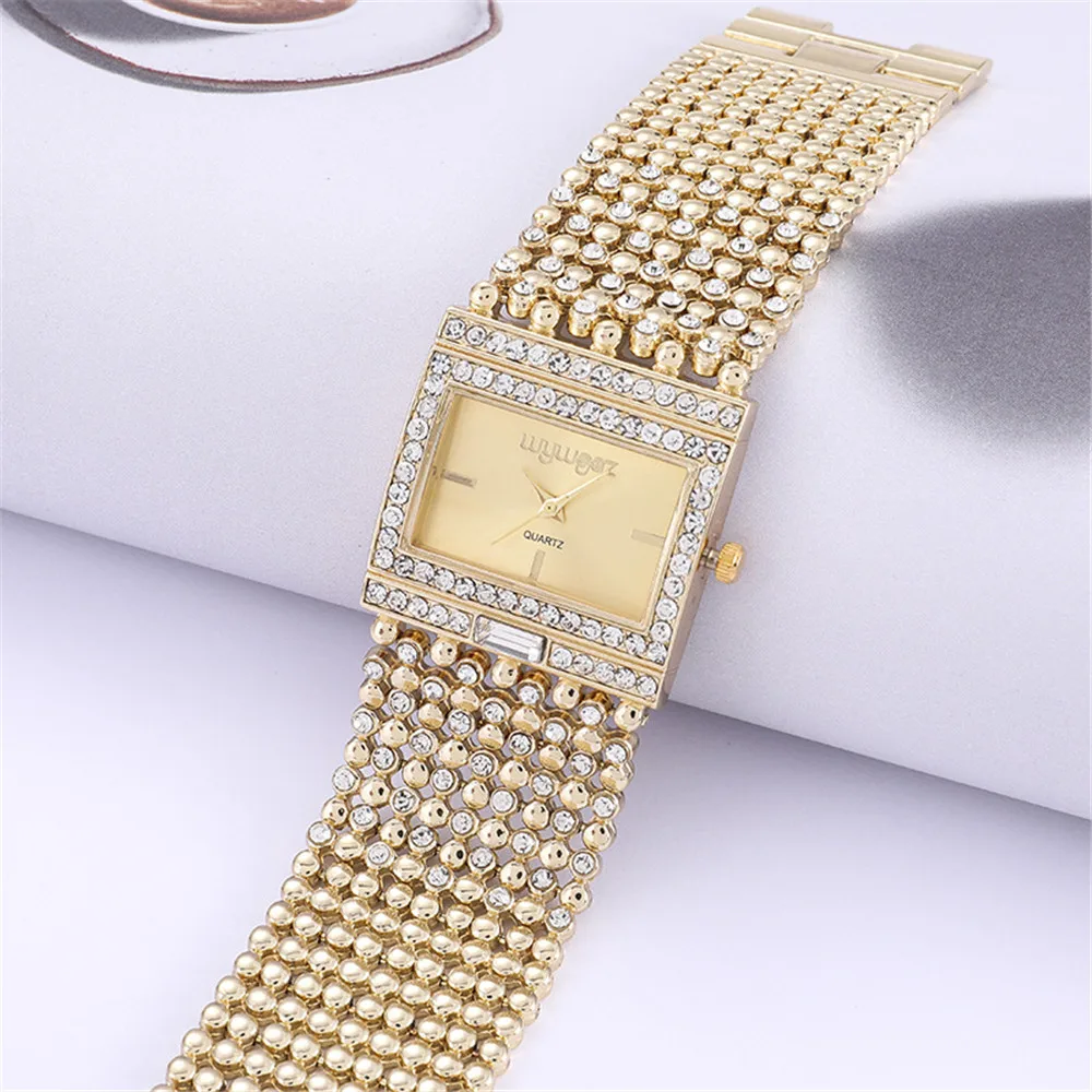 Luxury Simple Square Diamond Encrusted Women\'s Quartz Watch Gold Skeleton Fashion Women\'s Clock Gift Dress Wristwatch