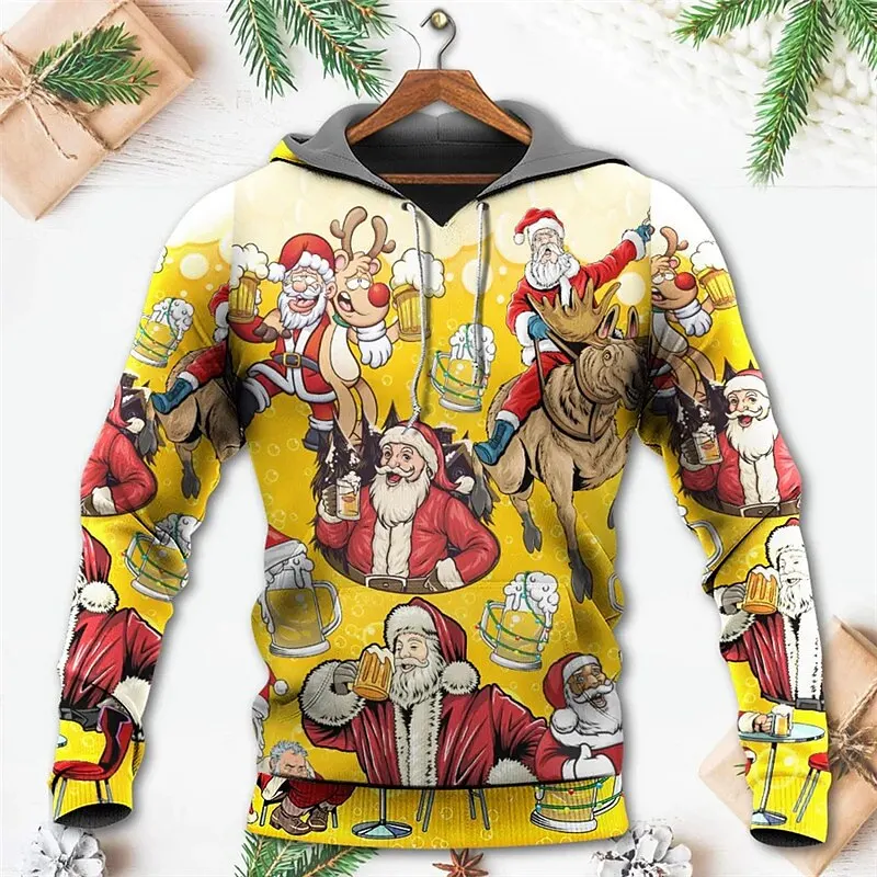 Funny Santa Claus 3D Printed Men's Hoodies New Year Christmas Clothing Fashion Autumn Casual Pullover Oversized Sweatshirts Tops