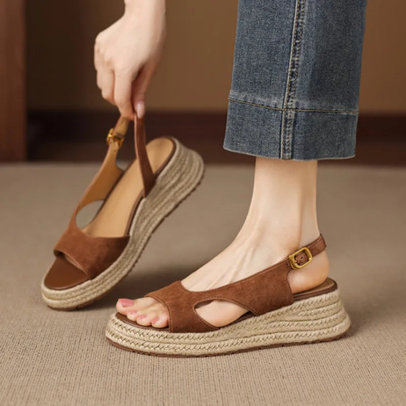 Fashion Slope Heel Thick Sole Fish Mouth Sandals Women's New Matte Woven Muffin Shoes Waterproof Table Empty High Heels