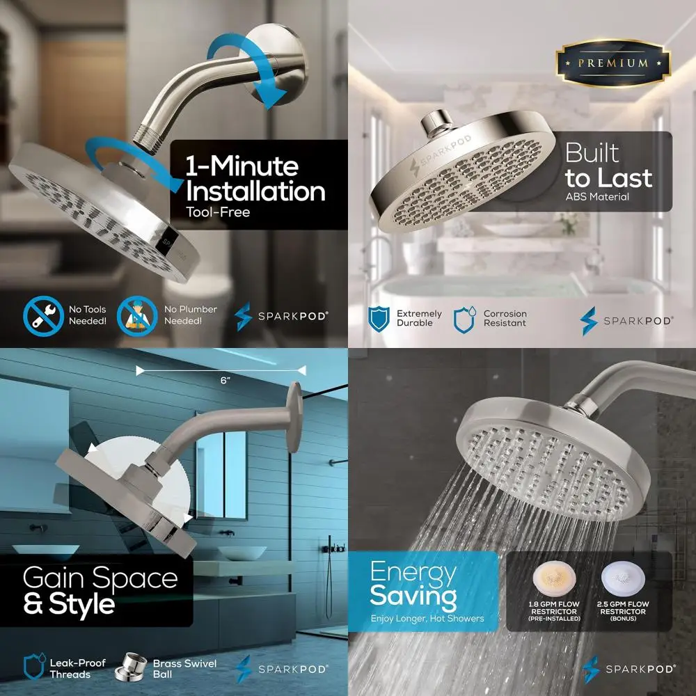 

6 High-Pressure Rain Shower Head with 6 Arm - Easy 1-Minute Tool-Free Install, Save Energy, Enjoy Longer Hot Showers, Add Style