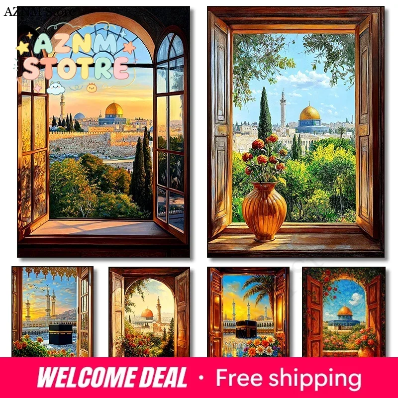 Dome of The Rock Window View Painting Canvas Painting  Jerusalem Kaaba Islamic Art Floral Arch Poster for Living Room Home De