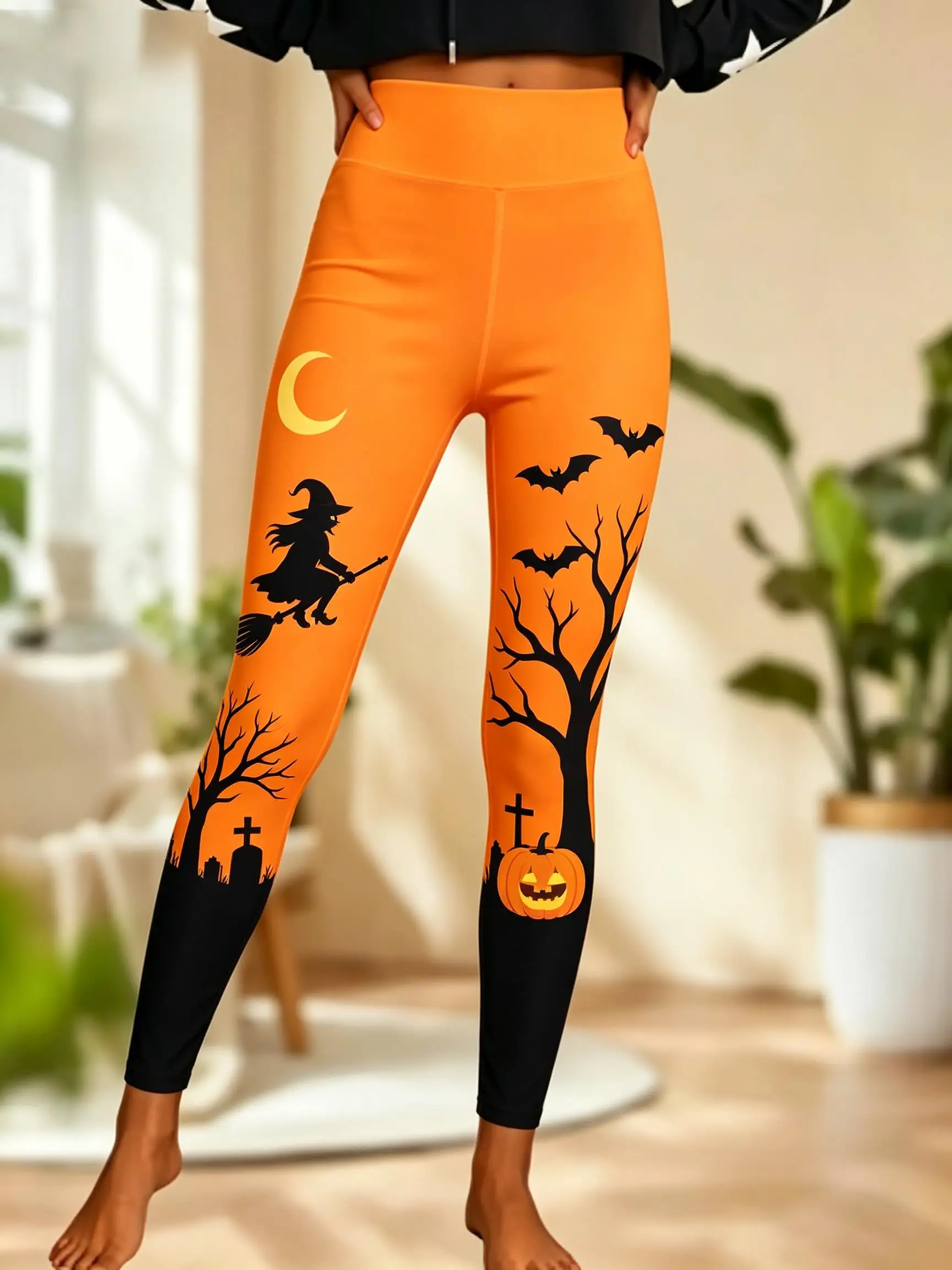Women Halloween Fleece Mid‑Rise Leggings Witch Full Moon Tombstone Pumpkin Bat Print Stretch Slim Pants