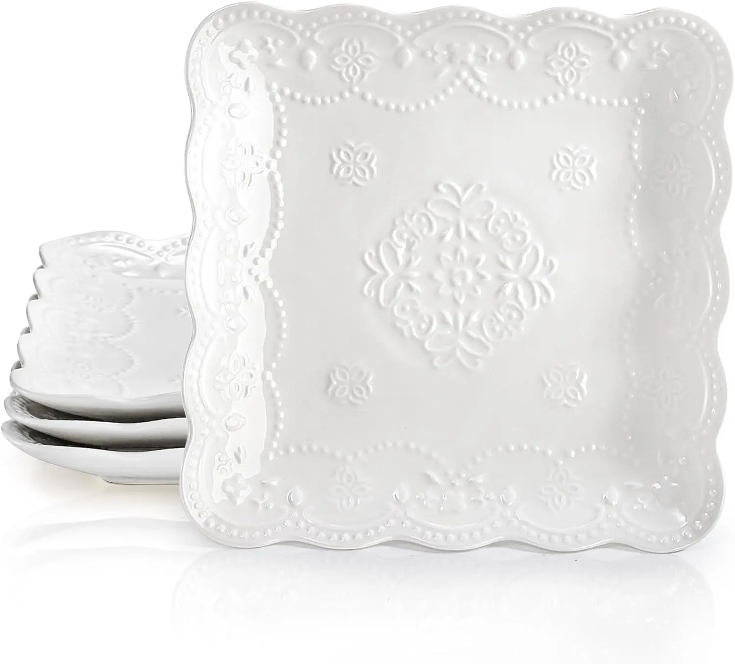 

Set of 4 Square Embossed Ceramic Plate, 10 Inch Elegant Dinner Plates Ivory White, Appetizer Salad Serving Plates Kitchen Plates