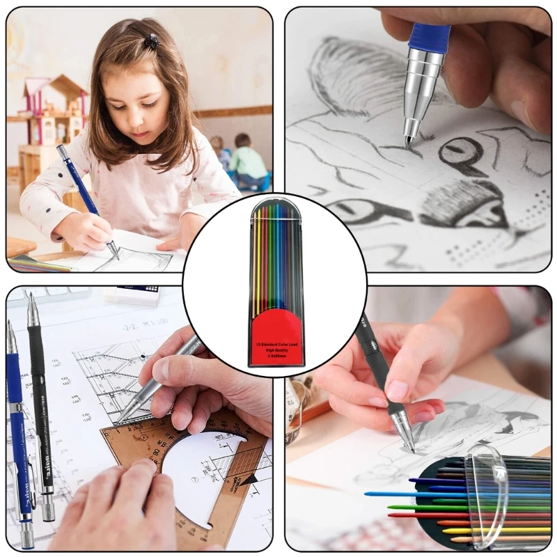12本 2.0MM 厚手色鉛筆リフィル 2.0MM 自動シャープペンシル、木工鉛筆アート描画用