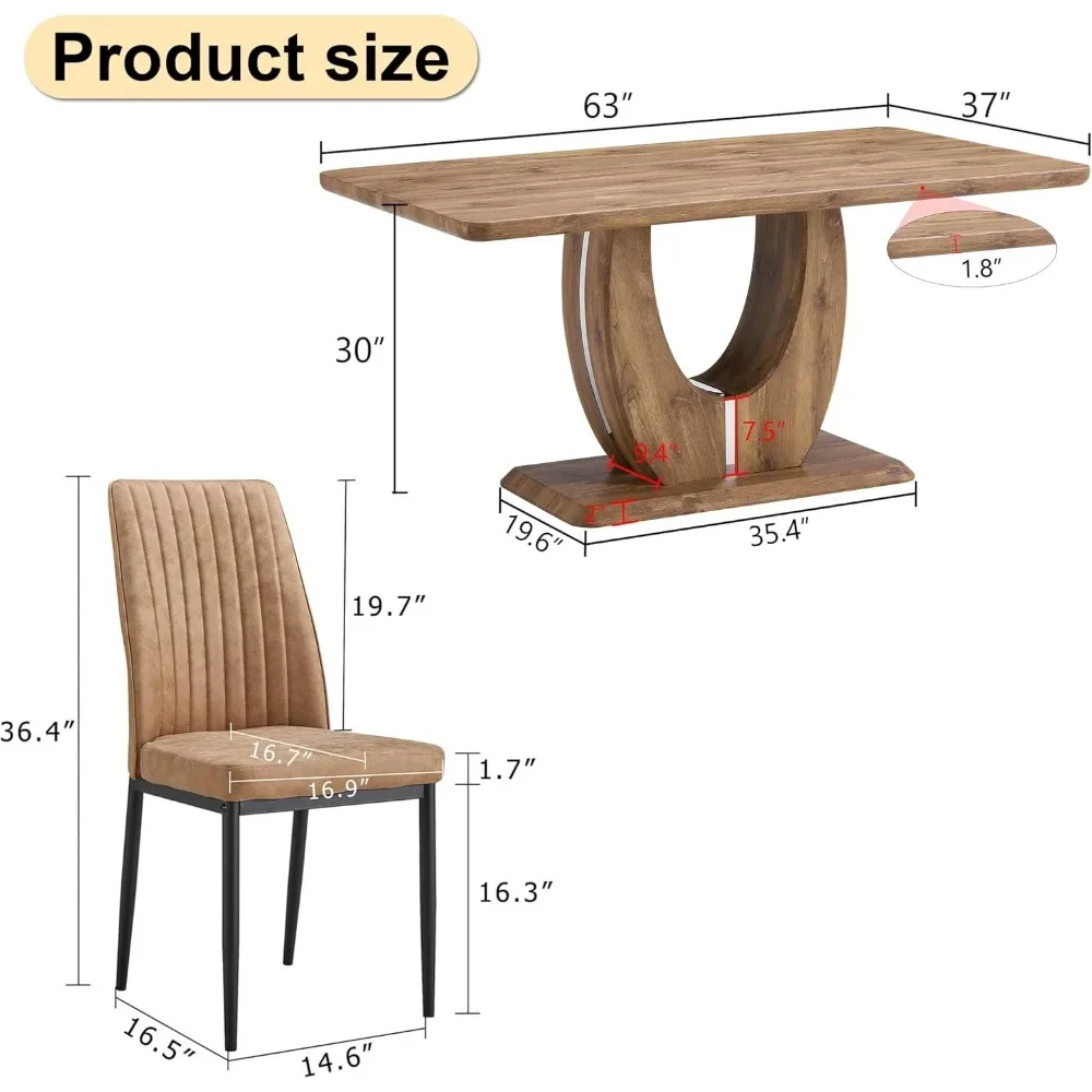 Dining Table Set for 6, 63 Inch Wood Dinner Table, Leather Upholstered Chairs, Modern Dining Room Sets