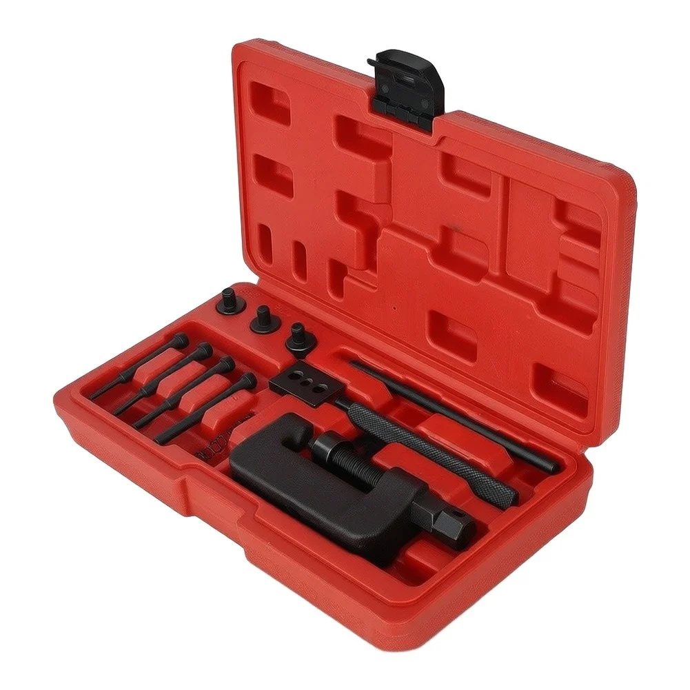 13 Piece Chain Tool Kit Including Handle Push Bolt Breaking Tips Rivet Tip Guides Anvils Press Plates and Spring Assembly