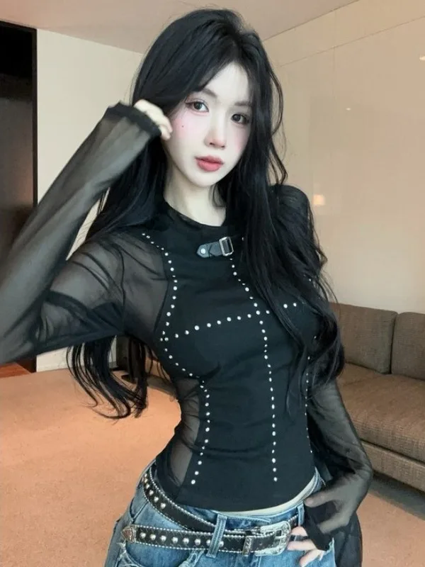 

Sexy Black Rhinestone Mesh Splice Long Sleeve T-Shirt Top for Autumn Seasonal New Style Slim Fit Base Shirt Citywalk Wear