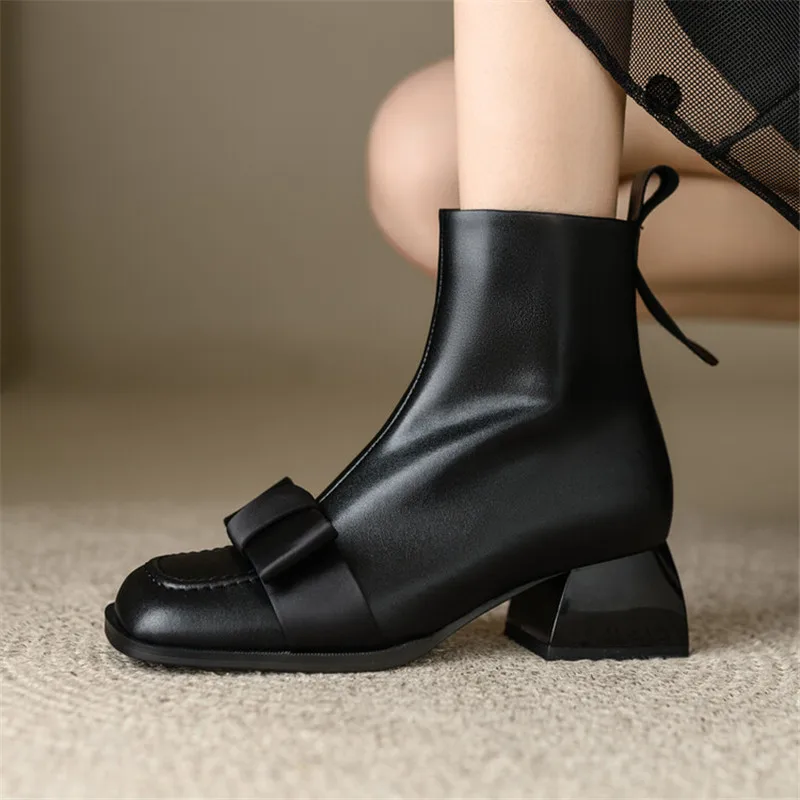 New Winter Cow Leather Women Boots Square Toe Chunky Heels Boots for Women Fashion Bow Short Boots Ladies Shoes Zapatos De Mujer