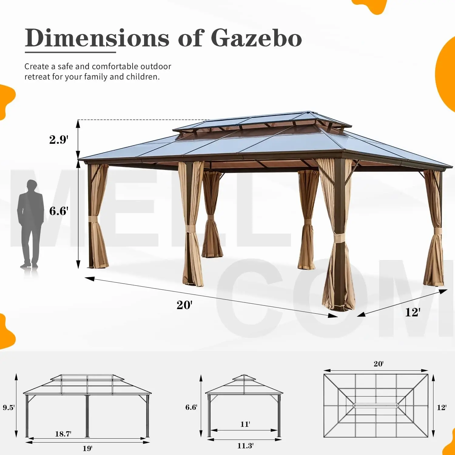 12 x 20ft Hardtop Gazebo Polycarbonate Double Roof Aluminum Gazebo Outdoor Waterproof Canopy Gazebo with Netting