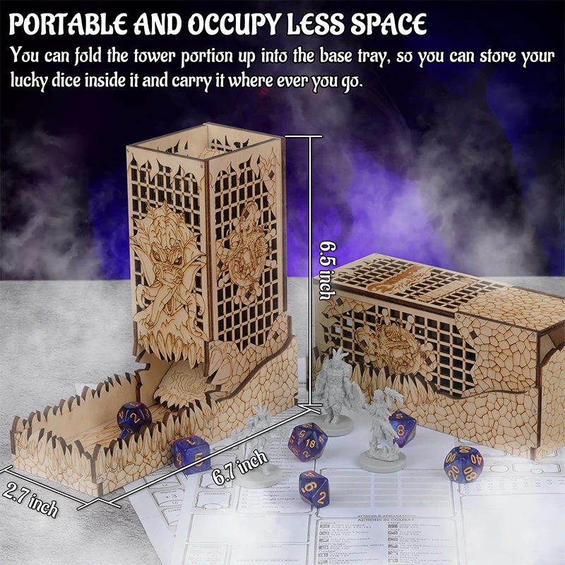 D&D Dice Tower with Tray Wood Laser Etched Cthulhu Portable and Collapsible Dice Roller