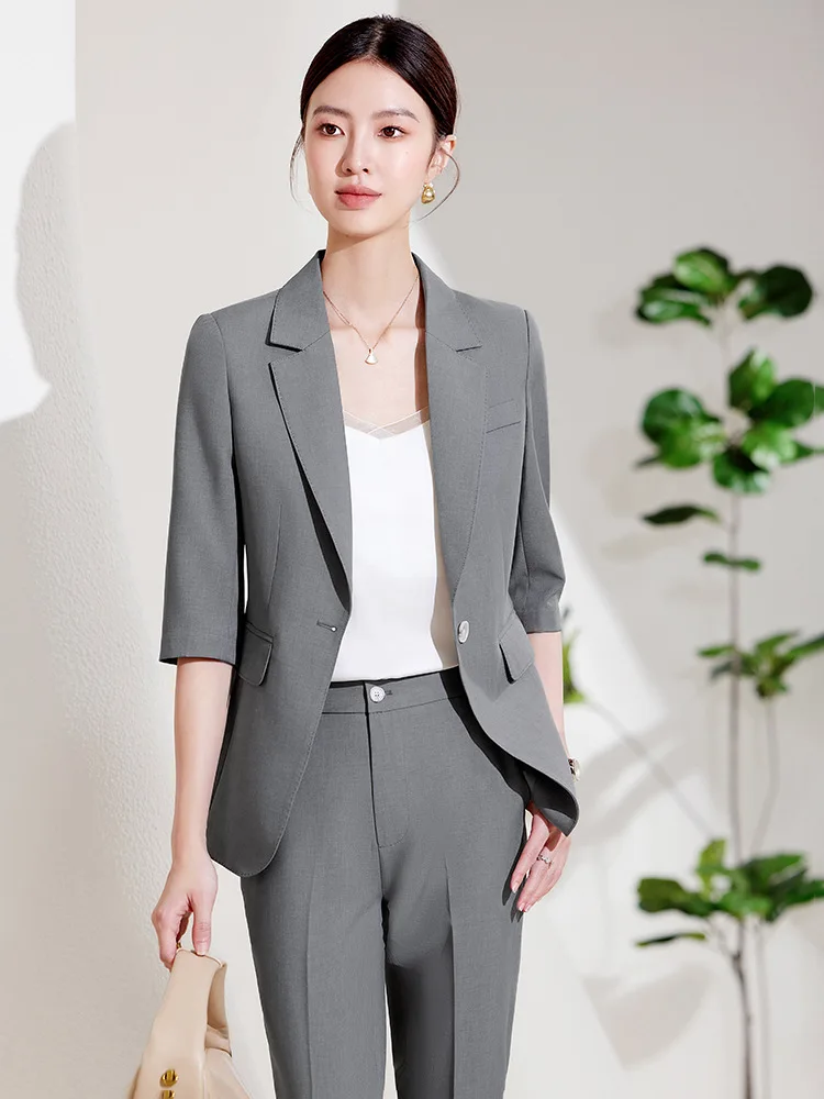 

Gray Business Suit Female Work Clothes2024Summer New Three-Quarter Sleeve Small Interview Commuter Suit Suit
