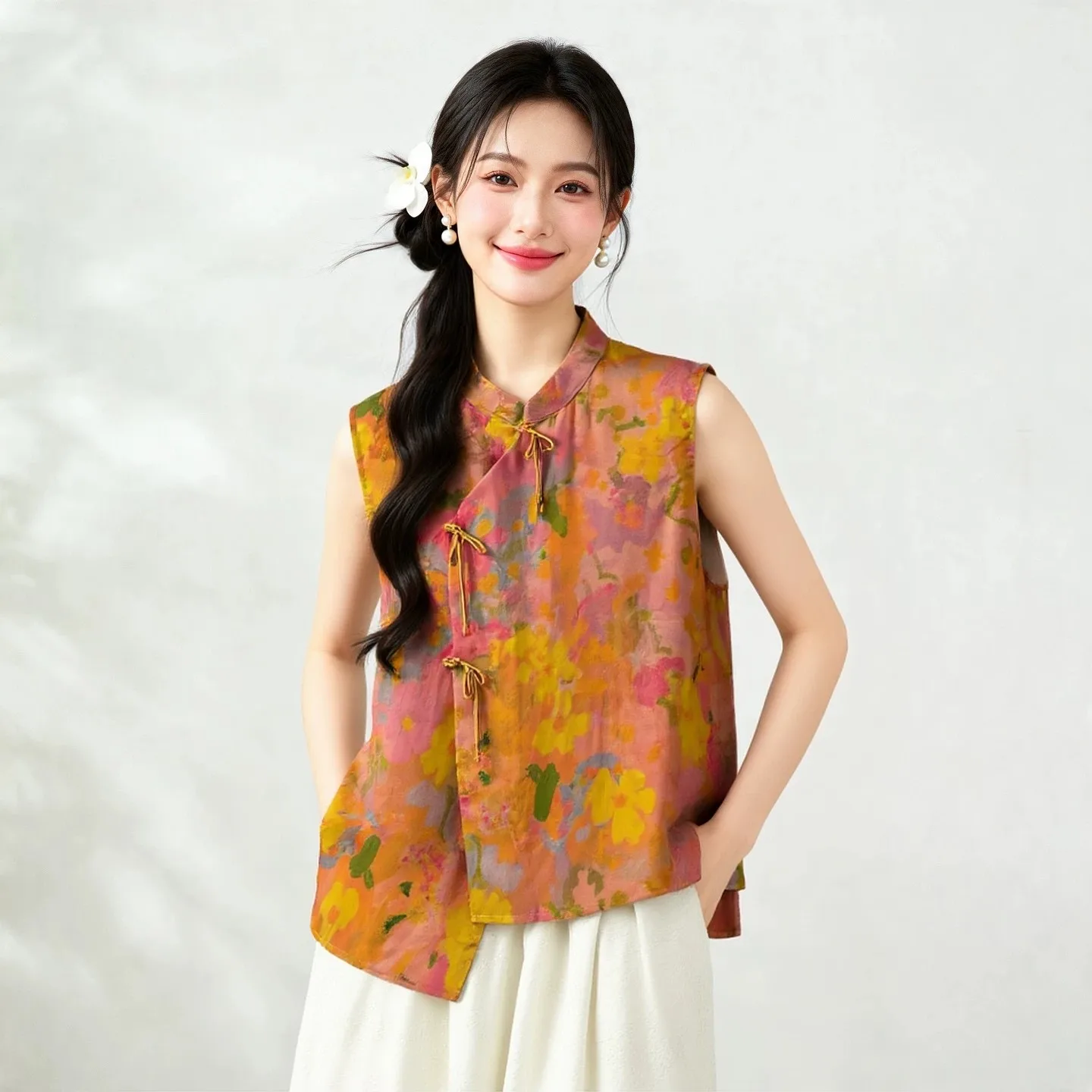 Winsleter-100%Real Silk Hongyunsha Elegant Vest, Stand Print, Women Korean Vacation Commute Loose Vest, 2026 Autumn New T69063CC