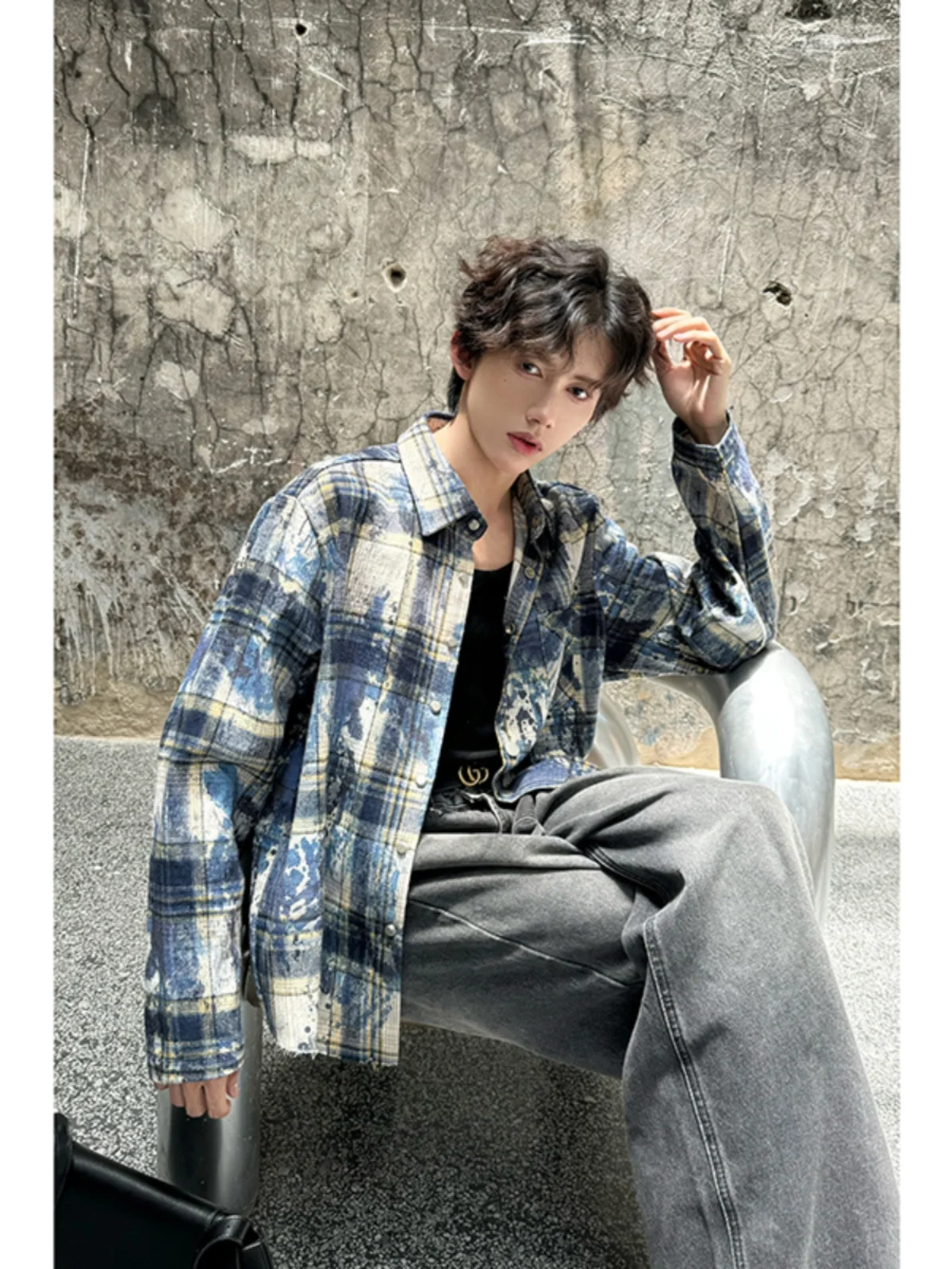 

Мужская синяя клетчатая рубашка с эффектом водной диффузии чернил, премиум-класса, в американском стиле, солнцезащитная верхняя одежда, кардиган, осенняя куртка