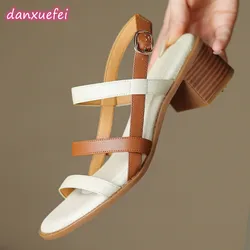 danxuefei women's genuine leather narrow band 5cm thick med heel open toe summer sandals casual female daily pumps shoes women