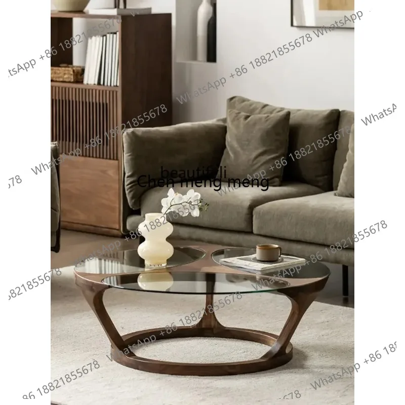 

new LM North America Black Walnut Nordic and Japanese Style Minimalist Living Room All Solid Wood Glass Shaped Tea Table ss 26
