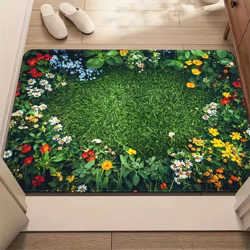 Lush Wildflower Grassland Floral Mat Vivid Realistic Colorful Daisy Blossom Leaf Print Soft Entry Hallway Decor Floor Rug