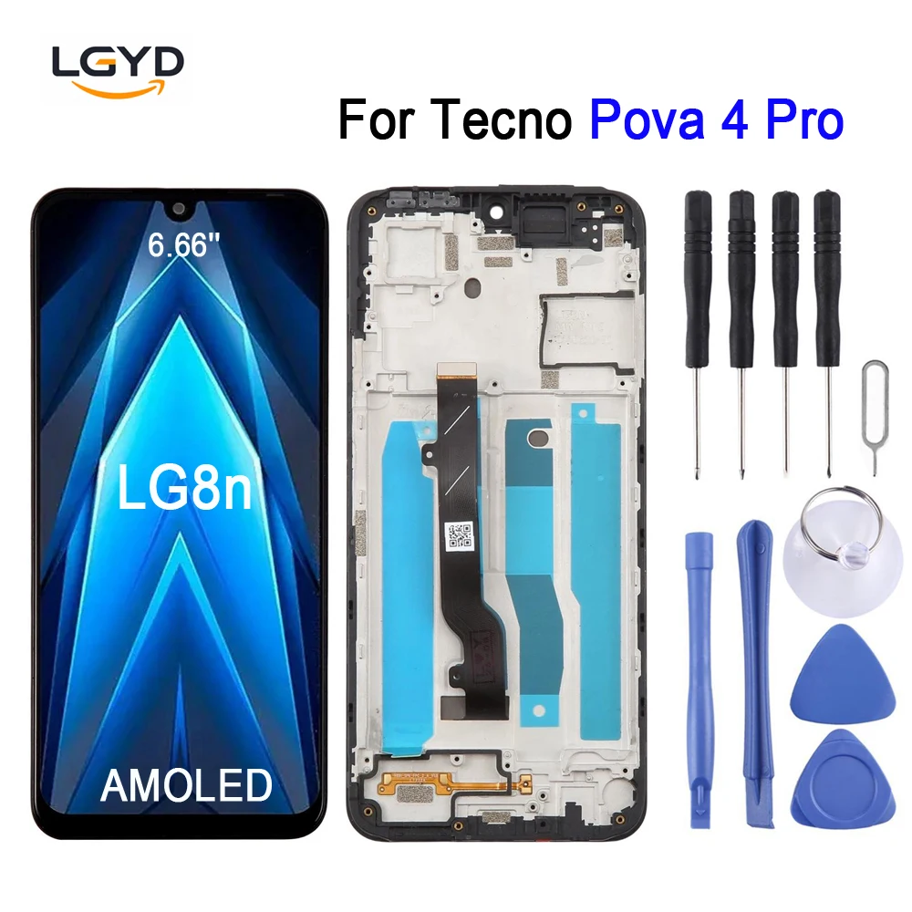 6.66'' 90Hz AMOLED Screen with Frame For Tecno Pova 4 Pro 4G, LG8n Phone LCD Display Touch Screen Repair Replacement Spare Part