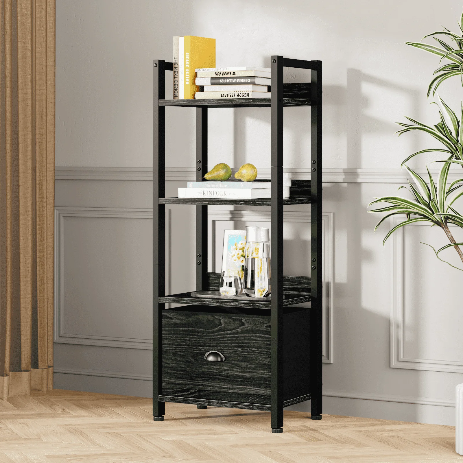 

4 Tier Ladder Bookcase with Removable Drawer Tall Standing Bookshelf,Black Oak