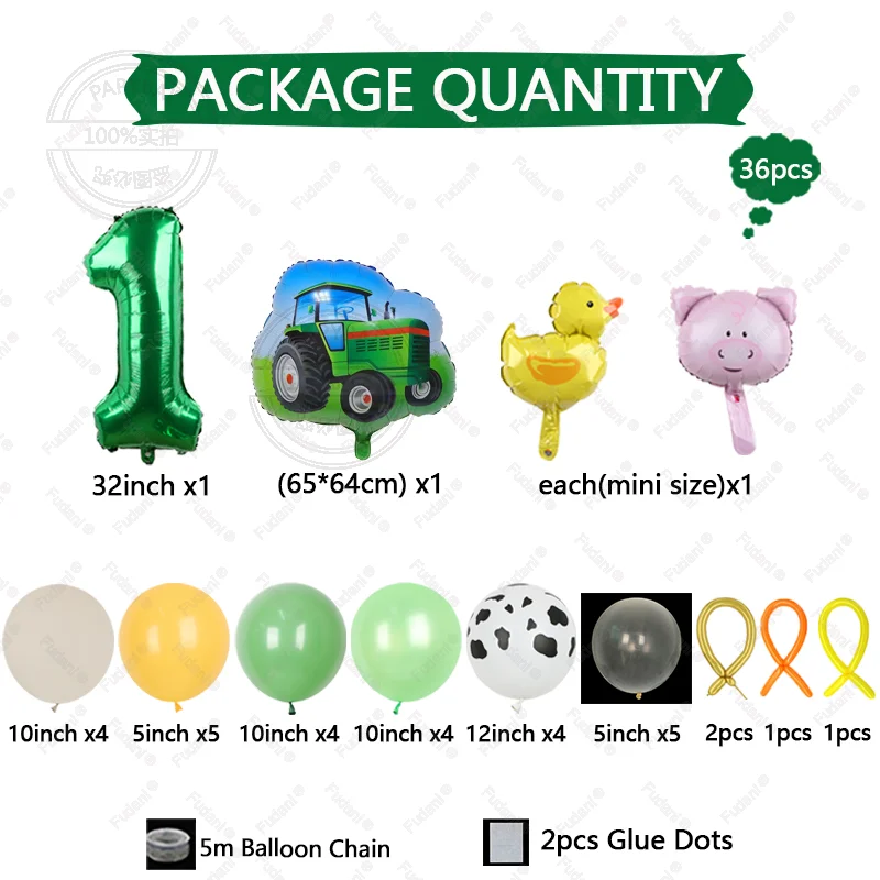 36pcs 2rd Birthday Green Tractor Theme Truck Vehicle Excavator Party Decoration Mini Animal Head Helium Globos Supplies