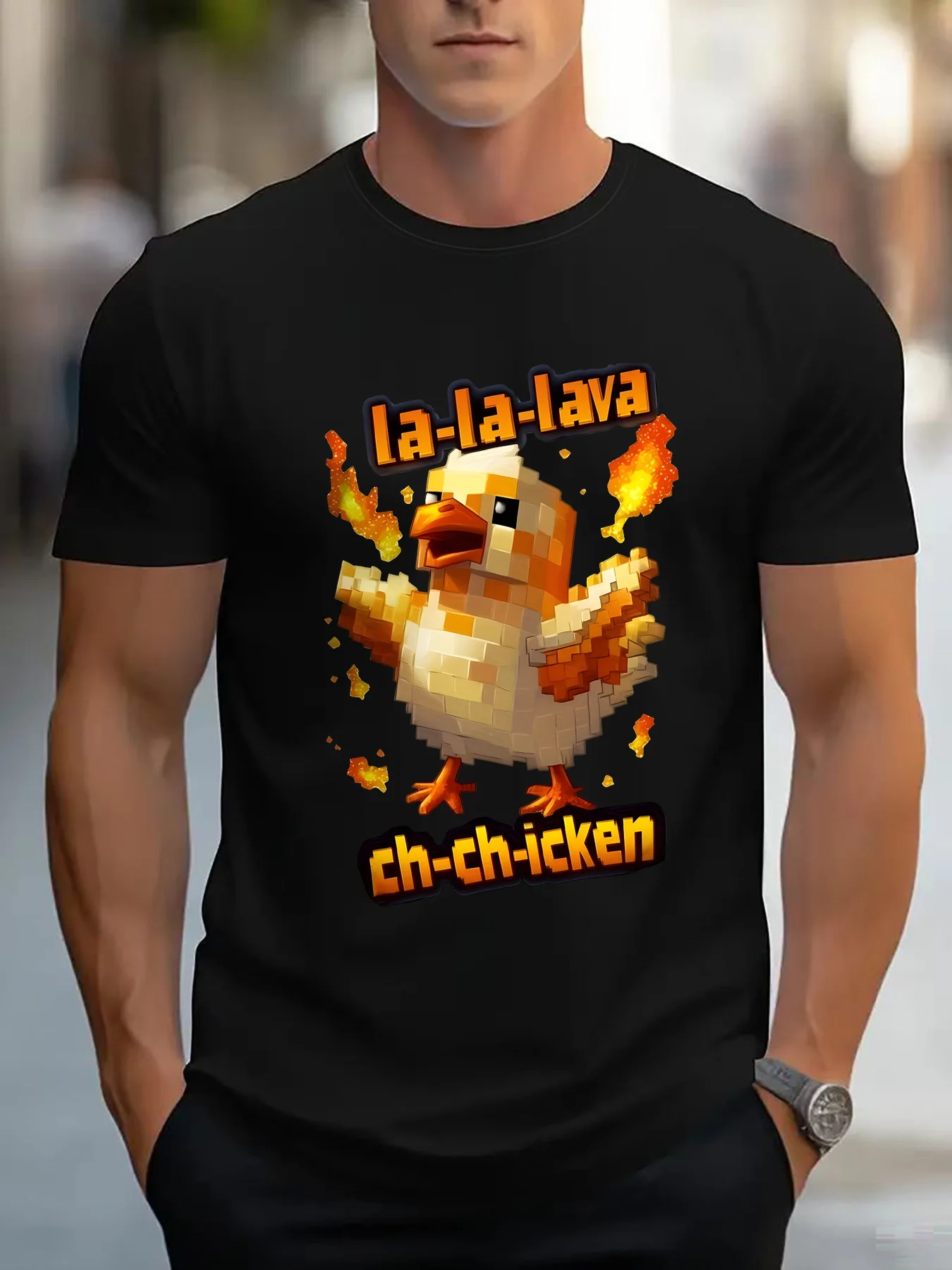 Steves Lava Chicken Men's Graphic Tee - Short Sleeve Tee with Bold Flame and Cartoon Chicken Graphic, Breathable Crew Neck Casual Streetwear for Comfortable Casual Attire