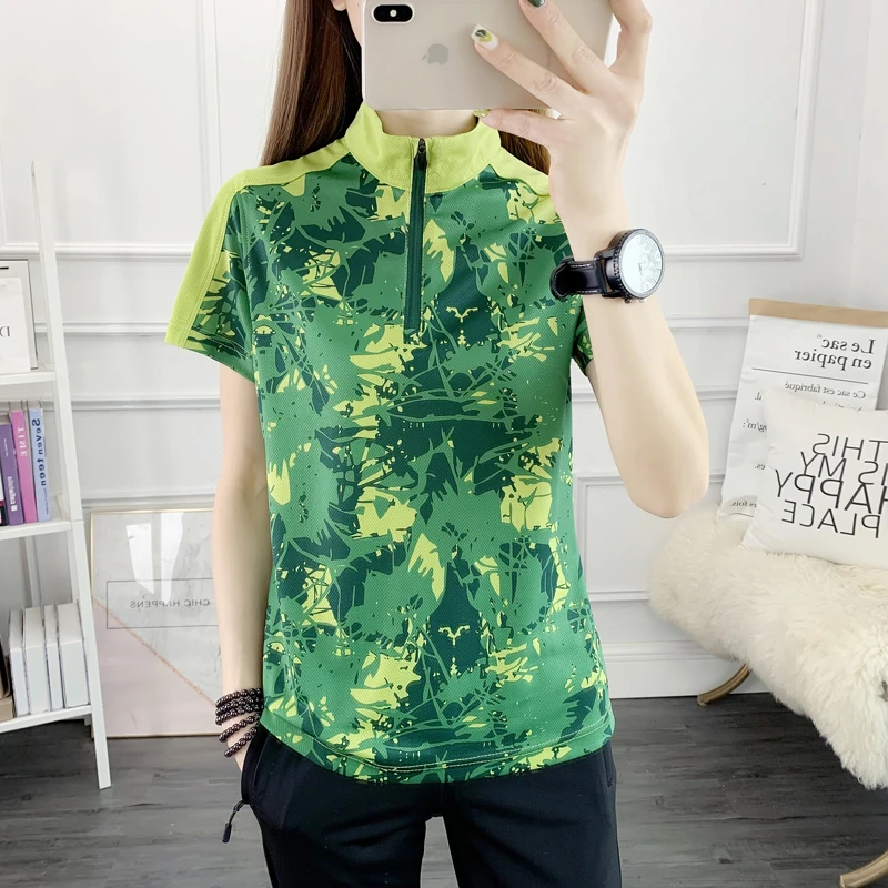 Summer Short T-shirt Women Outdoor Sport Quick Dry Breathable Running Hiking Camping Camouflage Pattern Plus Size Stand Collar