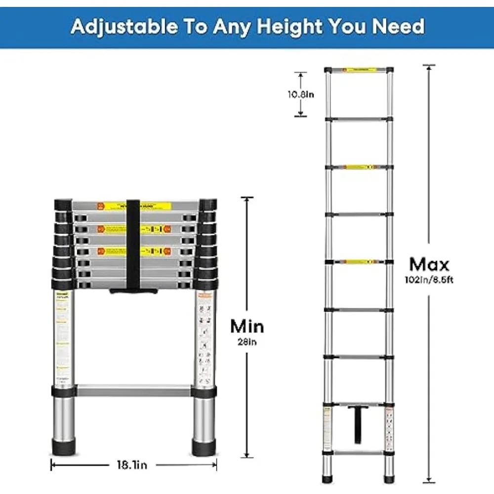 Telescoping Ladder, Miscoos 8.5 FT Aluminum Telescopic Extension Ladder, Multi-Purpose Design, Non-Slip Feet, Perfect Household