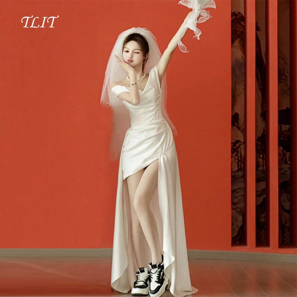 

TLIT Elegant Satin HI-LO Wedding Dress Sweetheart Off the Shoulder Bridal Gown Korea Wedding Dress Photos Shoot Customized 웨딩드레스