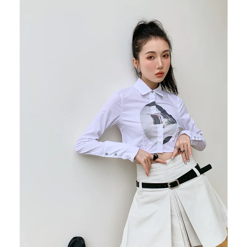 Spring Summer Women's Clothing Shirt French Simple Lapel Print Short Open Waist Top with Slim White Short Skirt Two-piece Set