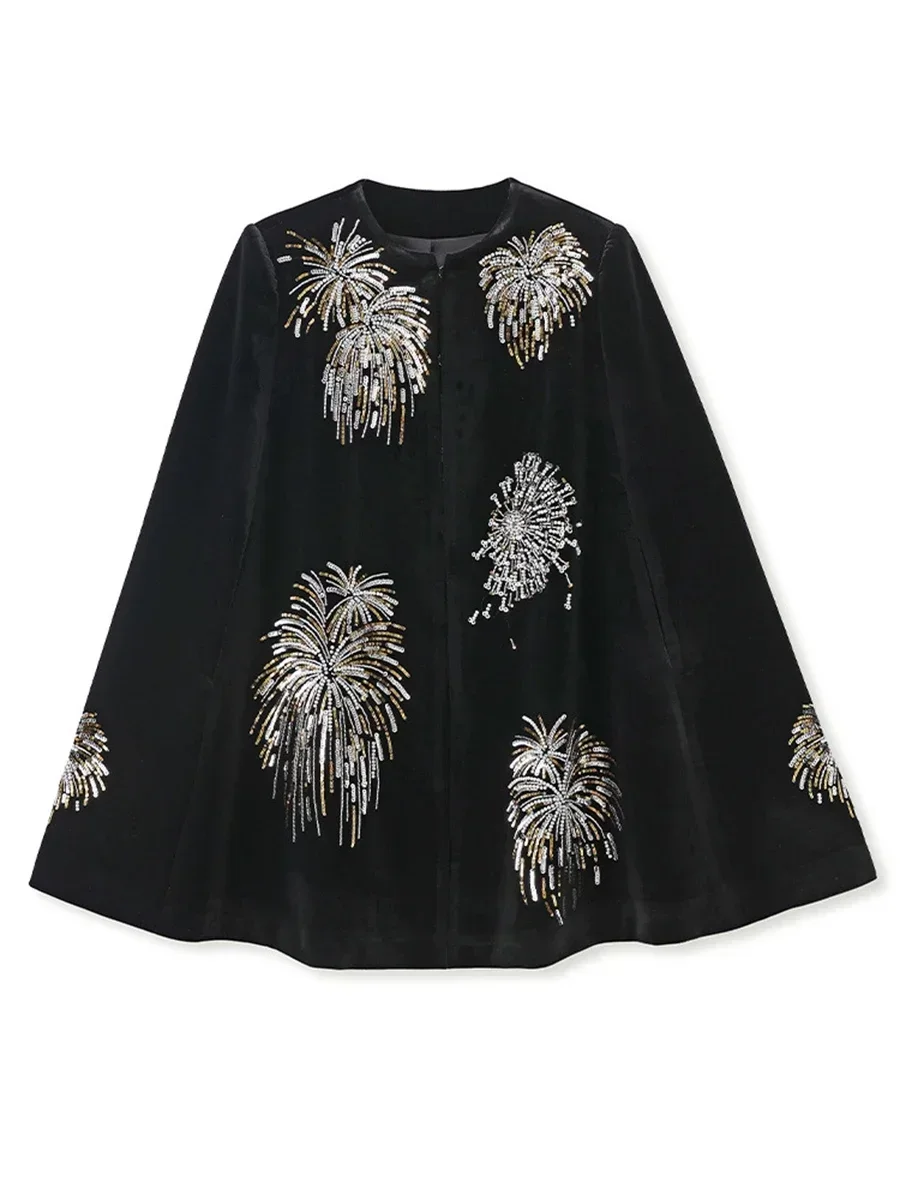 QMQA Fashion Women's Fireworks Embroidery Design Cape Jackets Round Neck Shawl Sleeve Loose Patchwork Sequins Fashion Coats A888