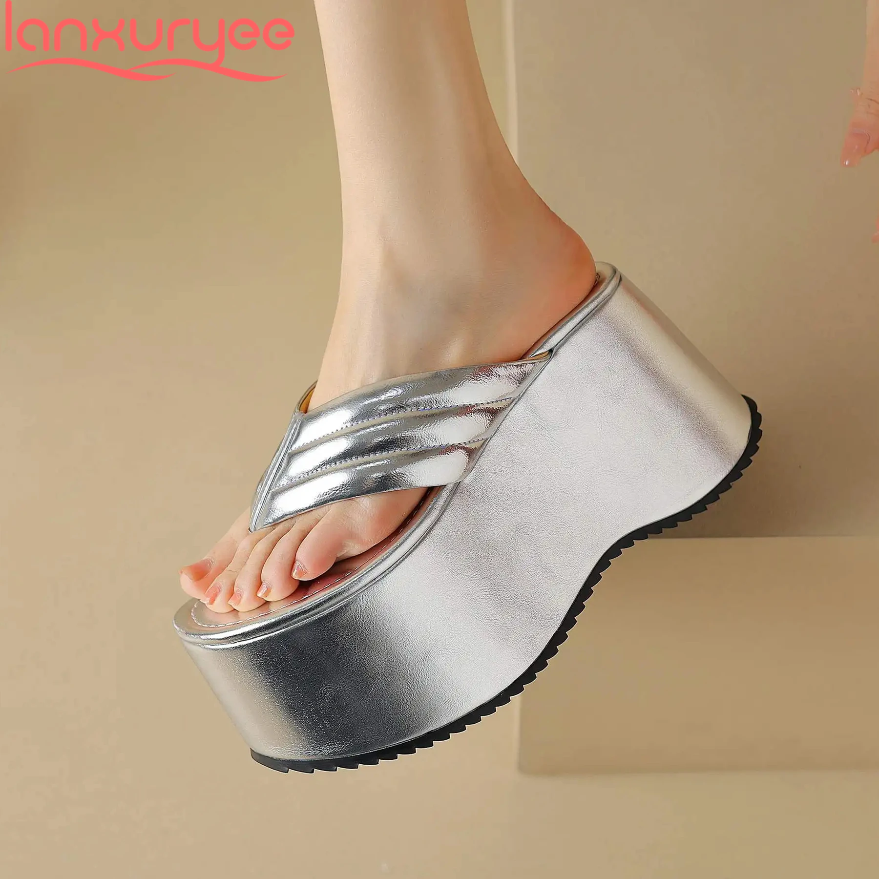 

Lanxuryee Super High Cow Leather Thick Bottom Flip Flop Slingback Mules Wedge Summer Shoes Casual Comfort Platform Women Sandals