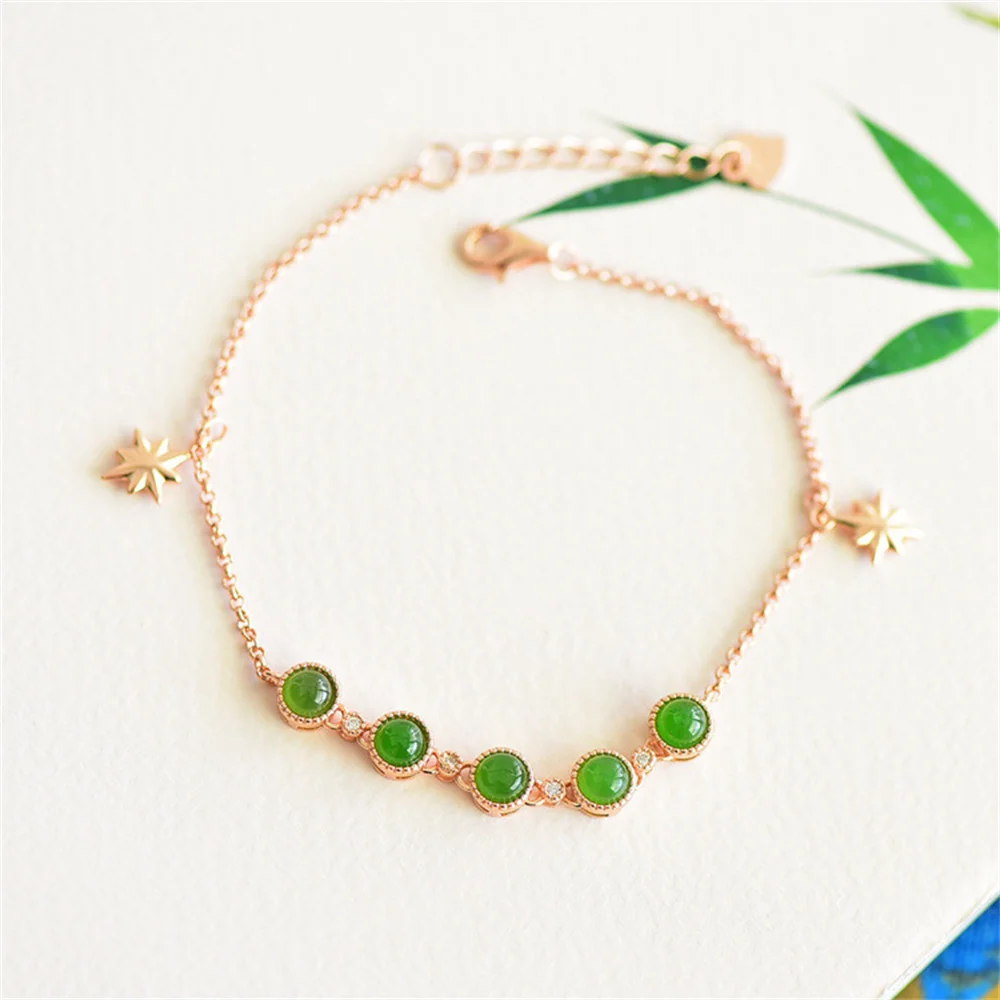 925 Silver Natural Green HeTian Jade Jasper Beads Star Chain Bracelet Woman's Retro Bracelets with Certificate Fine Jewelry Gift