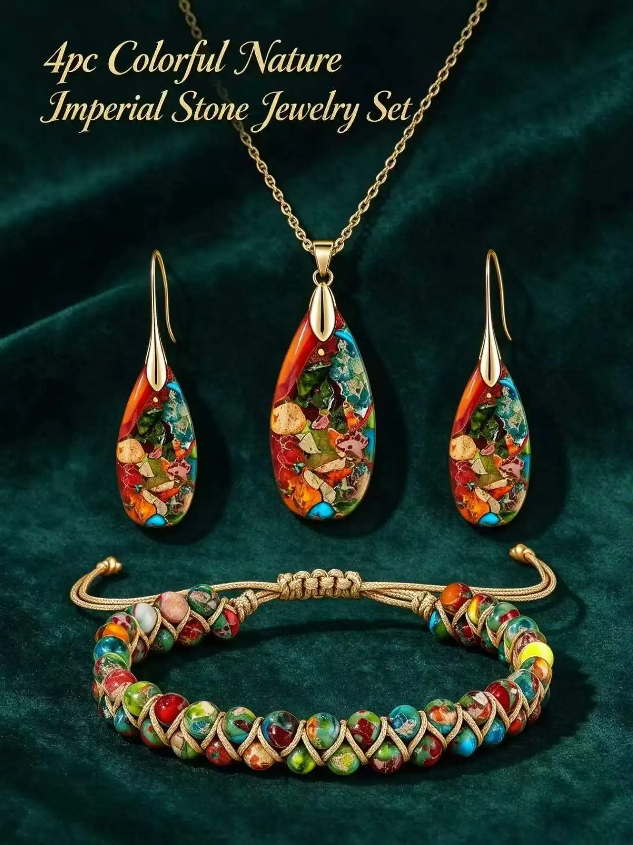 4PC Natural multi-colored imperial stone set，including teardrop-shaped pendant necklace，earrings，adjustable bracelet，Bohemian