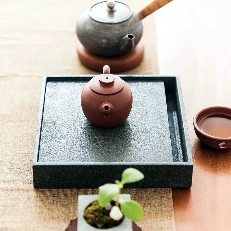 

square tea tray black stone handmade water reservoir serving trays for tea pot cup Chinese tea boat simple solid color 1.7kg new