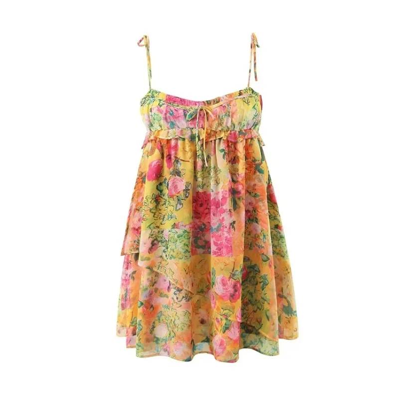 Doppelschulter-Kleid mit Bindeband, französischer Nischenstil, Rüschen an der Brust, Farbblock-Design, Blumenmuster, Strandurlaub, kurzes Kleid mit Trägern, lässig elegant 3CI9