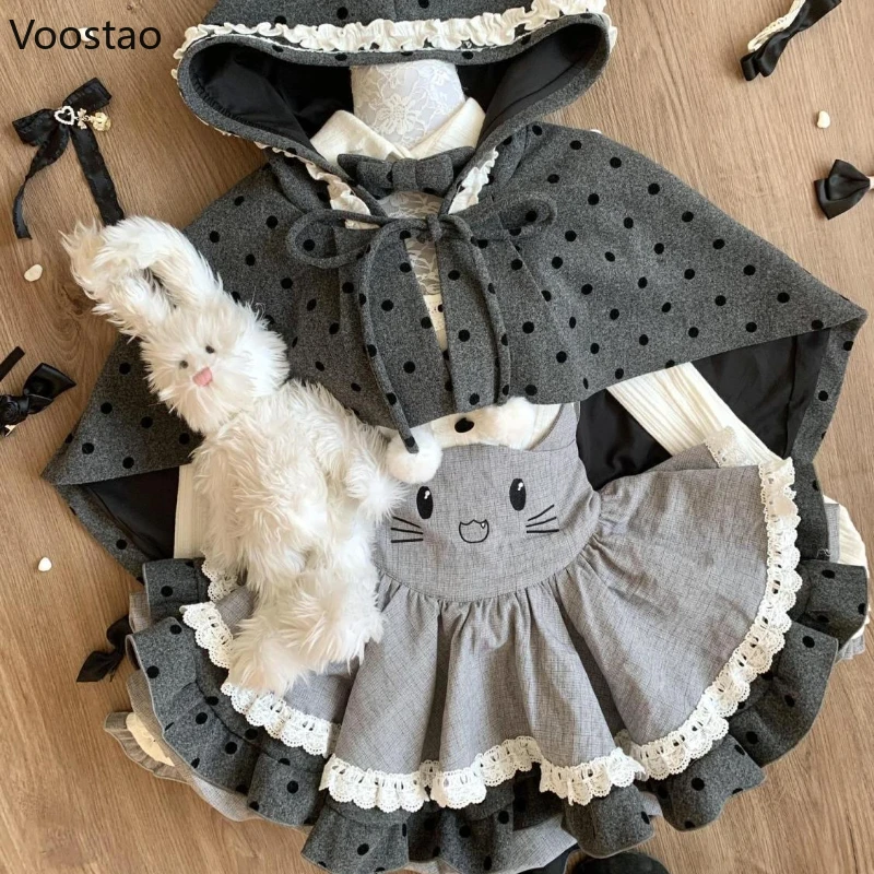 和風スイートロリータスタイル3点セット レディース カワイイブラウストップス フード付きケープコート 漫画風ミニストラップドレス ガールズ Y2K キュートスーツ