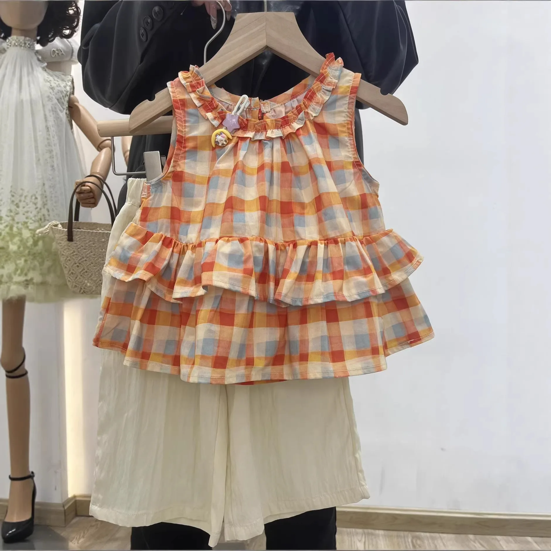 

2026 orange grid sweet cute vest and pants for girls clothes summer princess foreign style children's suit