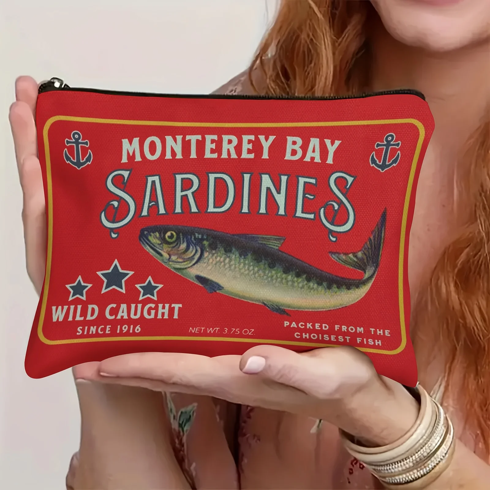 Playful Charm Red Cosmetic Bag - Vintage Monterey Bay Sardines Tin Design, Lightweight Zippered Pouch for Makeup