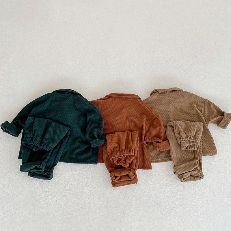 Casual Baby Boys Girls Long Sleeve Pure Color Coat + Pants Clothing Sets Autumn Kids Boys Girls Corduroy Suit Children\'s Sets