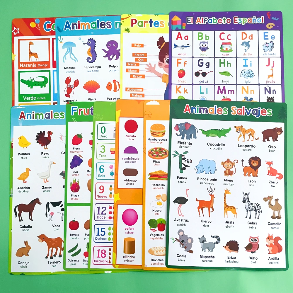 Spanish English Bilingual Words Learning A4 Posters Charts for Kids Kindergarten Classroom Decoration Teacher Teaching Aids