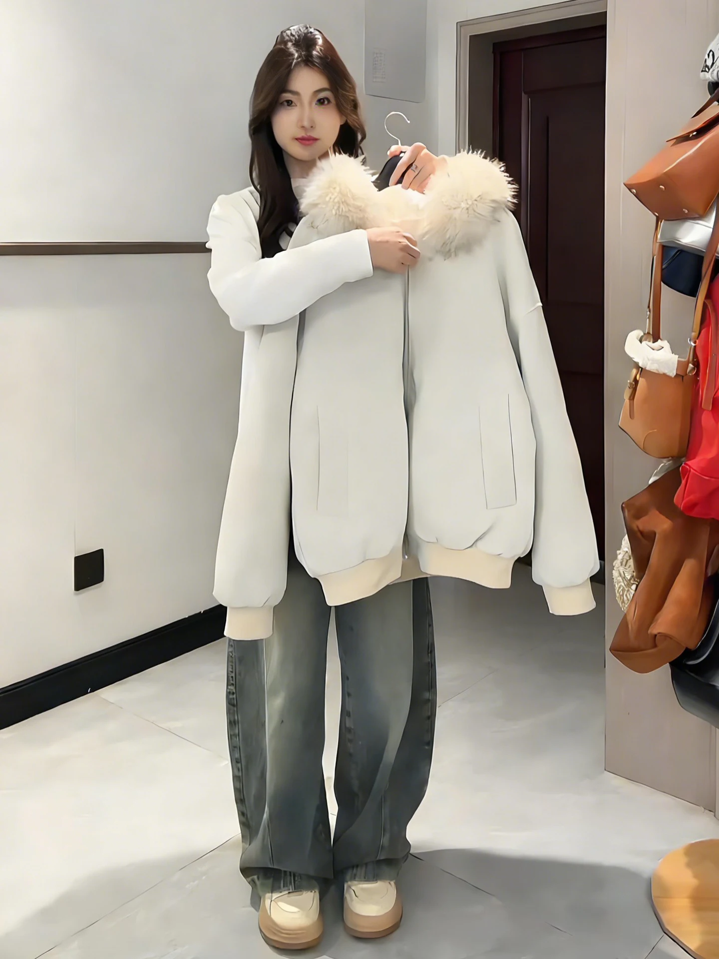 

Winter PU Leather Fur Lined ort Jaet Men Women Youth Faion Warmth Large Fur Collar Inteated Leather And Fur Coat