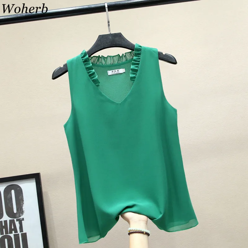 Woherb Summer Sexy Ruffle V-neck Chiffon Blouse Women 2024 Casual Solid Sleeveless Shirt Lady   Blusas Modis Tops