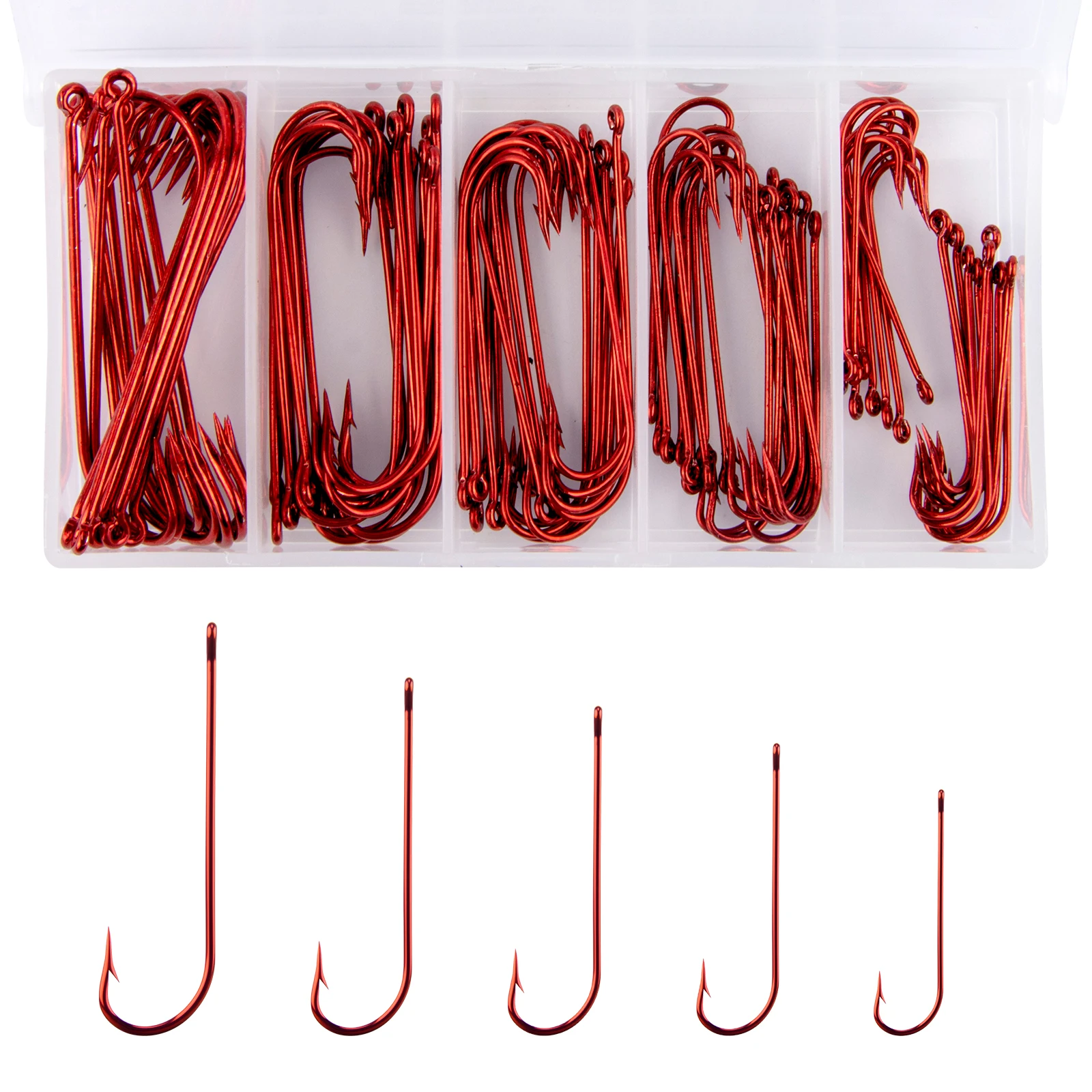 100pcs Red Aberdeen Fishing Hooks Freshwater Crappie Panfish Straight Long Shank Light Wire Worm Small Fishing Hooks #10-#2
