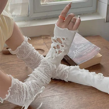 女性用ロリータjkレースフィンガーレスグローブ、伸縮性メッシュミトン、日焼け止めスリーブ、黒パンク、ゴシック、ストラップ、アクセサリー、y2k