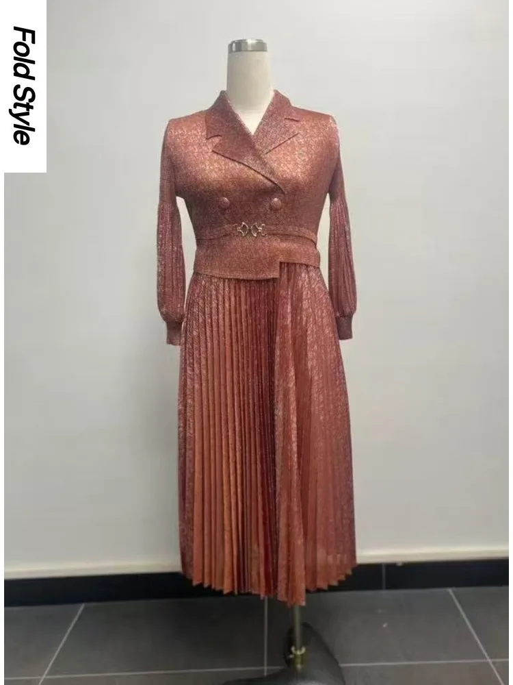 

Miyake 2025 модное высококачественное бронзовое плиссированное платье с рукавами-фонариками, элегантное свободное длинное платье с воротником-стойкой, женская одежда