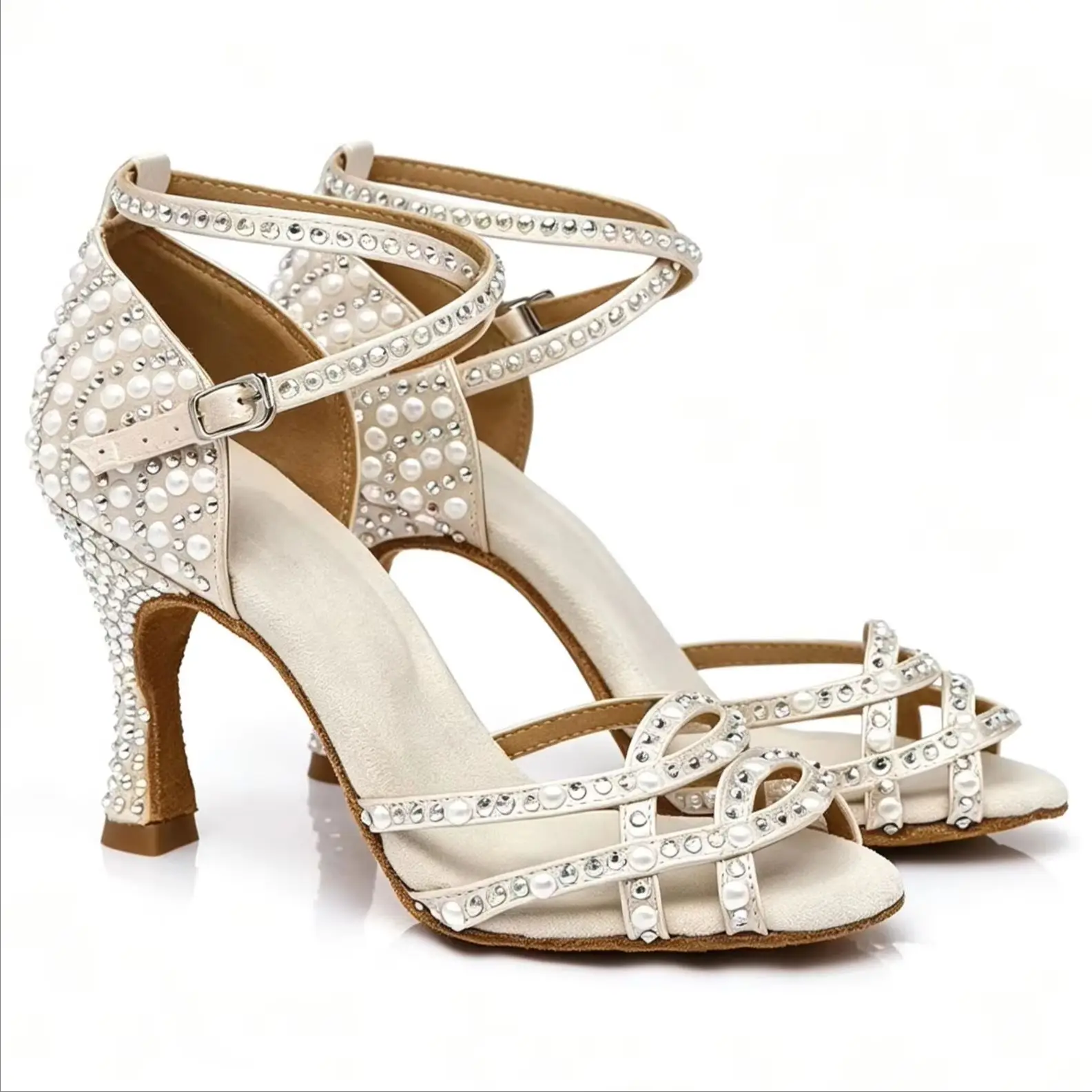 Evk Women's White Pearl Rhinestone Open Toe Ankle Strap Latin Dance Shoes for Salsa Tango Ballroom Girls Party Dancing Sandals