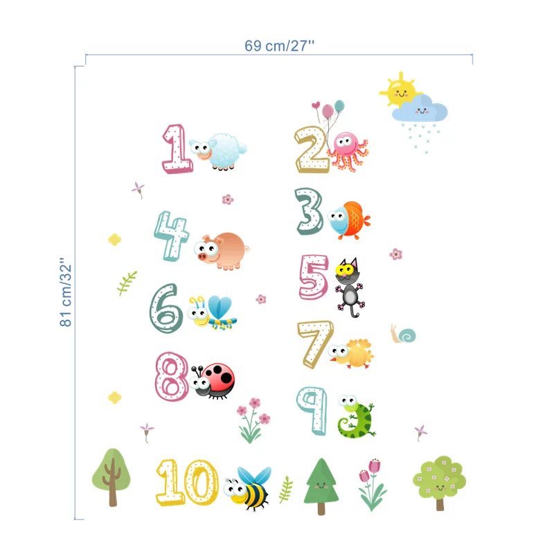 Cartoon Animal Arabic Numbers Wall Stickers For Classroom Kids Room Home Decoration Nursery Mural Art Decal Educational Poster