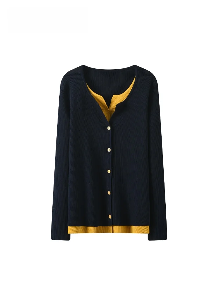 

plus Size Long Sve Knitted Sweater Fake Two-Piece Casual Sle V-Ne Single Button Closure Regular Thin Autumn Wear