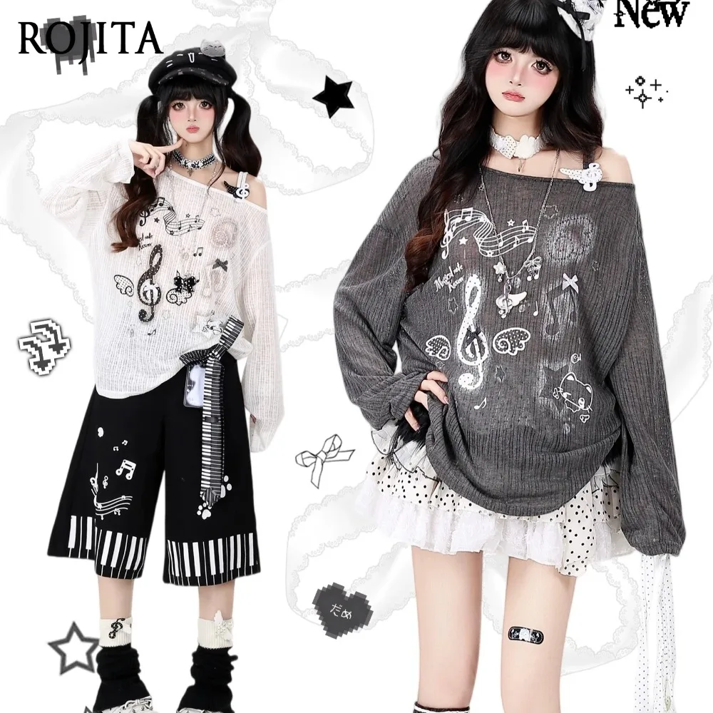 Y2K Music Note Star Print Off-the-shoulder Suspender Design Sense Loose Thin Long-sleeved T-shirt Women's Blouse